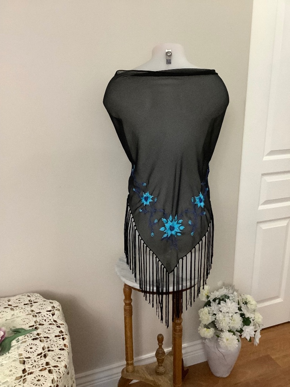 Beautiful elegant fringed black shawl